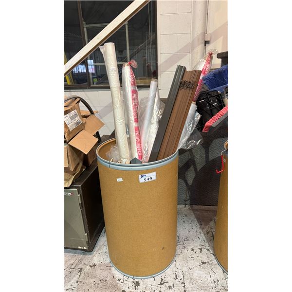 BIN OF ASSORTED WOOD WINDOW BLINDS & ROLLS OF PLASTIC