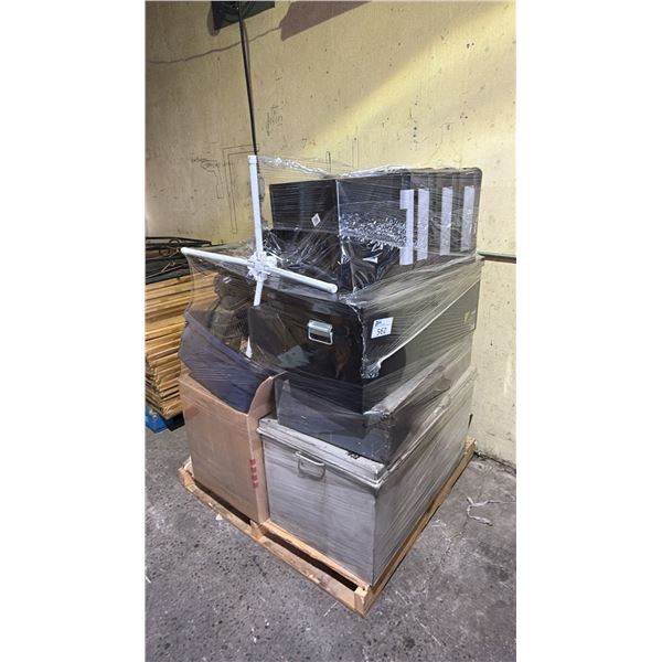 PALLET OF ASSORTED SET DEC ITEMS: PLASTIC BINS, METAL STORAGE BOXES, FANS & MORE