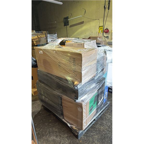 PALLET OF ASSORTED HOUSEHOLD ITEMS: VACUUMS, LIGHTING, FANS, LUGGAGE & MORE