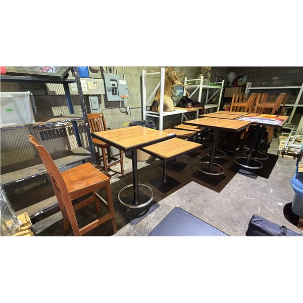COLLECTION OF WOOD TABLES & CHAIRS: MOST OF THE TABLES ARE BAR HEIGHT