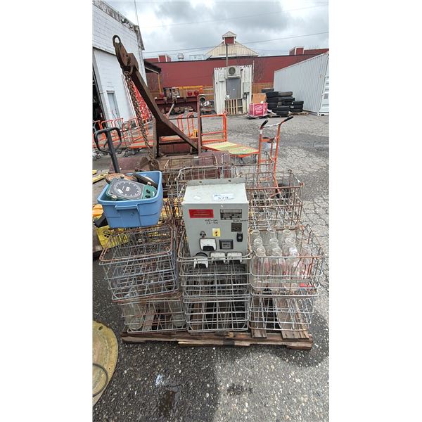 PALLET OF VINTAGE METAL MILK CRATES, MILK BOTTLES, AUTOMATIC TRANSFER SWITCH & MORE