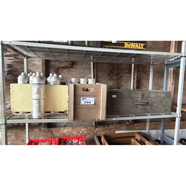 (3) WOOD STORAGE CRATES & EMPTY GAS CANISTERS (SET DEC)