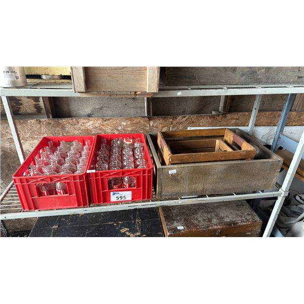 (2) CRATES OF EMPTY "THE POP SHOPPE" SODA BOTTLE & 3 WOOD BOXES