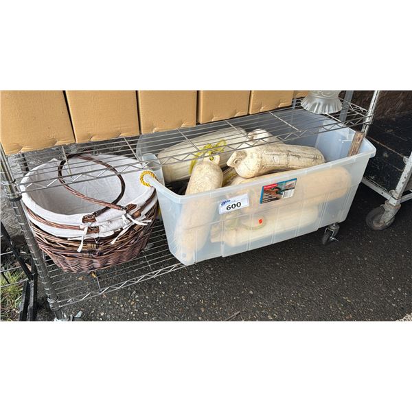 TOTE OF BOAT FENDER BUMPERS & (4) WICKER BASKETS