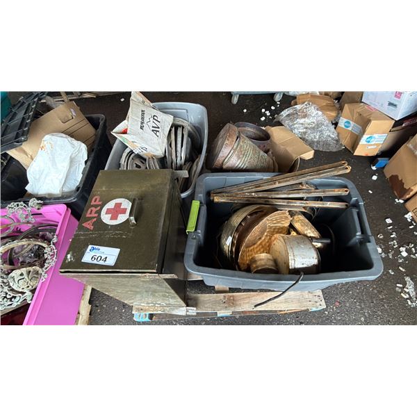 PALLET OF COPPER BOWLS, VINTAGE MILITARY FIRST AID BOX, HUB CAPS & MORE