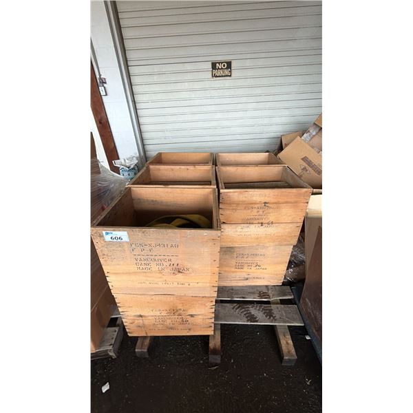 PALLET OF WOOD CRATES, FIRE HOSE & METAL BUCKETS *MUST TAKE ALL ON PALLET*