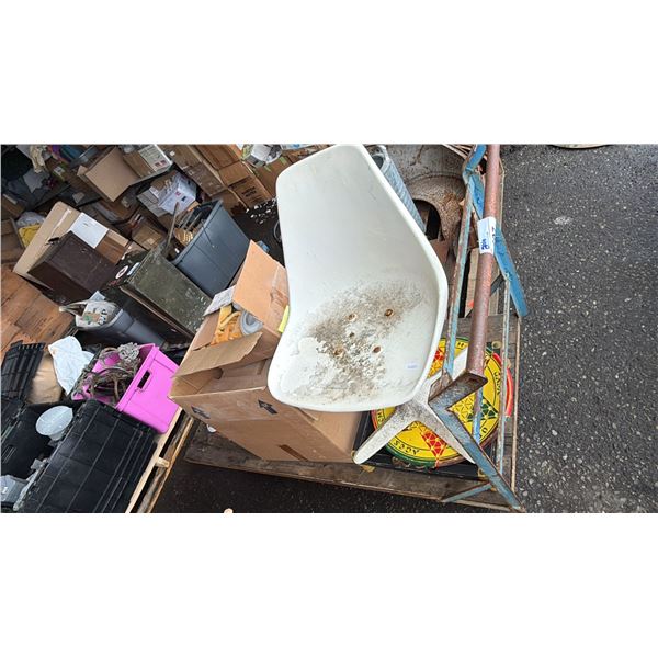 PUSH CART & CONTENTS: CHAIR, CHINESE CHECKERS BOARD, GLASS LAMP SHADES & MORE