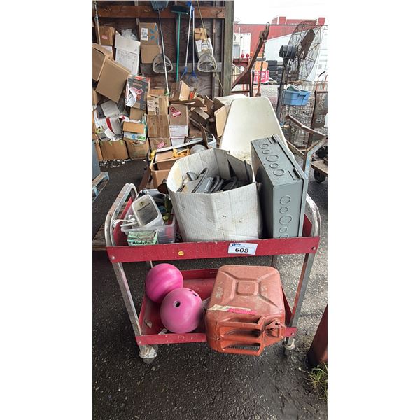 ROLLING METAL CART & CONTENTS: GAS CAN, BOWLING BALLS, ELECTRIC CIRCUIT BOX & MORE