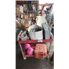 Image 1 : ROLLING METAL CART & CONTENTS: GAS CAN, BOWLING BALLS, ELECTRIC CIRCUIT BOX & MORE