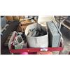 Image 3 : ROLLING METAL CART & CONTENTS: GAS CAN, BOWLING BALLS, ELECTRIC CIRCUIT BOX & MORE