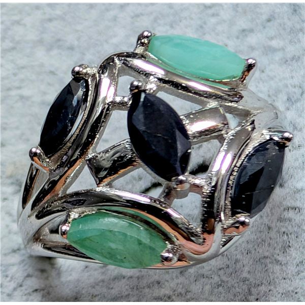 SILVER(4.72G), EMERALD, SAPPHIRE (1.2CT)RING, SUGGESTED RETAIL VALUE $350