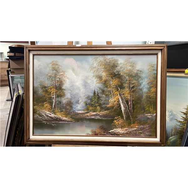 FRAMED ORIGINAL SIGNED OIL ON CANVAS LANDSCAPING PAINTING: 41.5" X 29.5" FRAMED/ SIGNATURE UNKNOWN