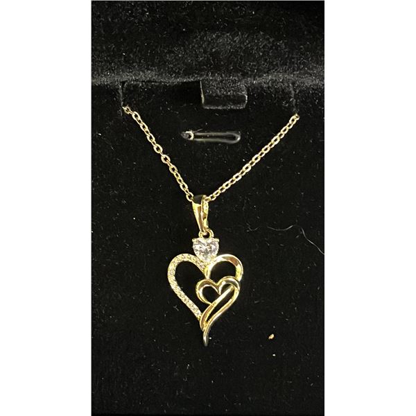 *NEW* 14K GOLD PLATED .5 CT HEART CUT SIMULATED DIAMOND (CZ) DOUBLE HEART NECKLACE: 18"-19" CHAIN