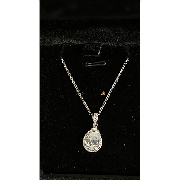 *NEW* STERLING SILVER 2 CT PEAR CUT SIMULATED DIAMOND (CZ) HALO NECKLACE: 17" - 19" LONG