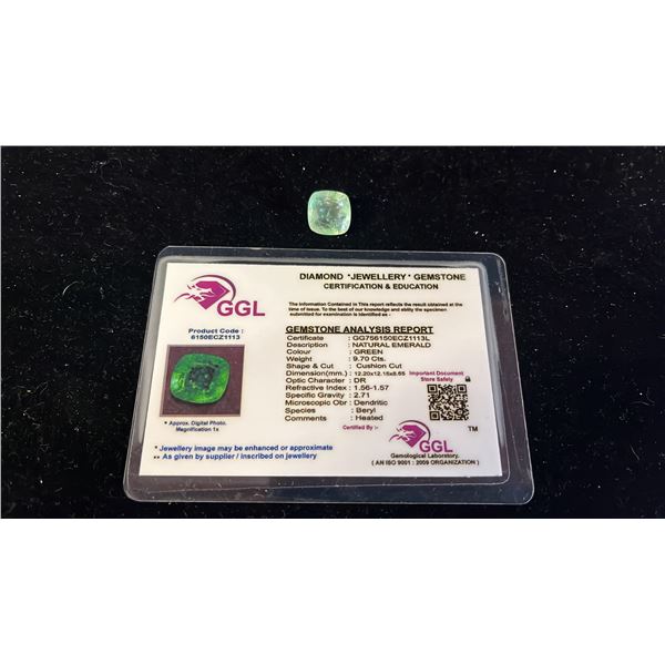 9,7CT CUSHION CUT HEAT TREATED NATURAL EMERALD WITH GGL REPORT: 12.2MM X 1..6MM X8.65MM