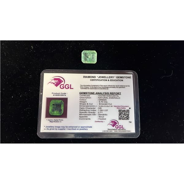 9.7 CT EMERALD CUT HEAT TREATED NATURAL EMERALD WITH GGL REPORT: 14.8MM X 12.05MM X 7.08MM