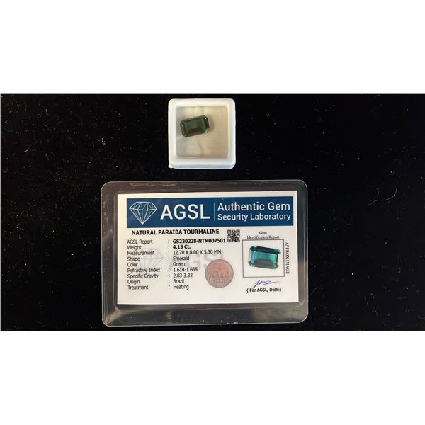 4.15CT EMERALD CUT HEAT TREATED NATURAL PARAIBA TOURMALINE WITH AGSL REPORT: 12.7MM X 8MM X 5.3MM