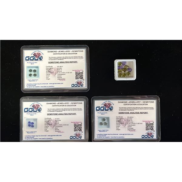 13.8 CTW OF ROUND CUT TANZANITE, ROUND CUT PERIDOT & PRINCESS CUT PERIDOT WITH (3) CGL REPORTS