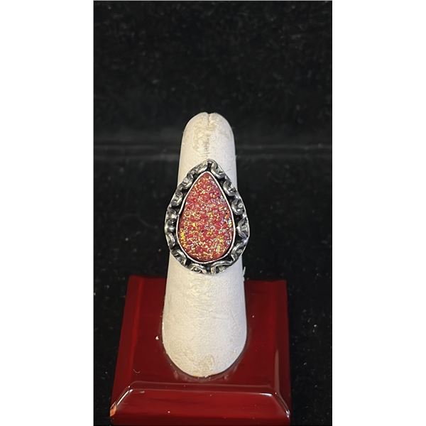 .925 SILVER TEARDROP DRUZY QUARTZ RING: SIZE 7