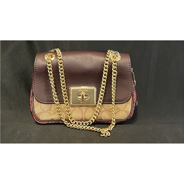 *NEW WITH TAGS* COACH SIGNATURE CANVAS CROSSBODY BAG WITH OXBLOOD LEATHER FLAP