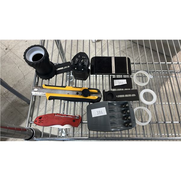 COLLECTION OF TOOLS, TRAVEL CHARGER, BLUETOOTH HANDS FREE SPEAKERPHONE & MORE