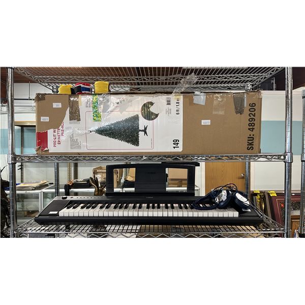 6 FOOT PRE-LIT PINE CHRISTMAS TREE & YAMAHA KEYBOARD (NO POWER CORD) & HEADPHONES