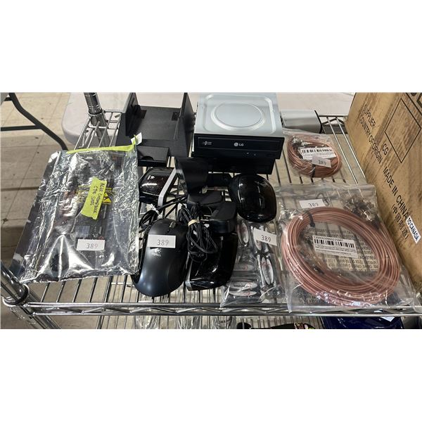 COLLECTION OF COMPUTER ACCESSORIES: MICE, LOGITEC BLASTERS, DVD DRIVES, COAXIAL CABLE & MORE
