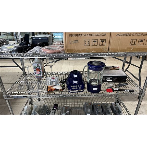 SHELF OF KITCHEN PRODUCTS: KITCHENAID 5 SPEED BLENDER, SPRING PAN, DRINKING GLASSES & MORE