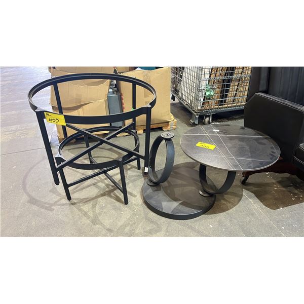 BLACK SWIVEL TOP SIDE TABLE (MISSING 1 TABLE TOP) & (2) ROUND METAL SIDE TABLE BASES