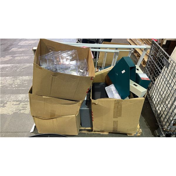 PALLET OF ASSORTED SET DEC: BROCHURE DISPLAYS, CONTROL PANEL, BEDDING SET, CONSTRUCTION PAPER & MORE