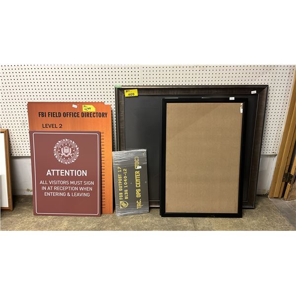 (2) LARGE PICTURE FRAMES & COLLECTION OF ASSORTED SET DEC SIGNS: LARGEST FRAME IS 47" X 40.5"