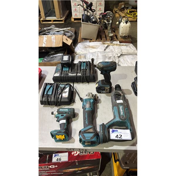 ASSORTED MAKITA CORDLESS TOOLS INCLUDING; DHR241 ROTARY HAMMER, DGA511 ANGLE GRINDER, DTD152 DRILL,