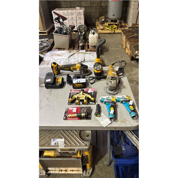 ASSORTED ITEMS INCLUDING; DEWALT CORDLESS TOOLS WITH BATTERIES & CHARGERS, GILMOUR PRO WATER