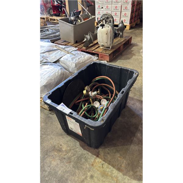 BIN OF WELDING HOSE, GAUGES & TORCH