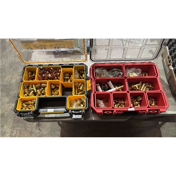 DEWALT DEEP PRO ORGANIZER WITH ASSORTED BRASS & COPPER PIPE FITTINGS & MILWUAKEE PACKOUT ORGANIZER