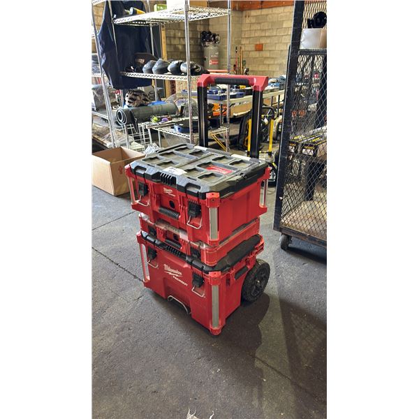 MILWAUKEE PACKOUT 3 COMPARTMENT PORTABLE TOOLBOX WITH SOME PVC PIPE CONTENTS