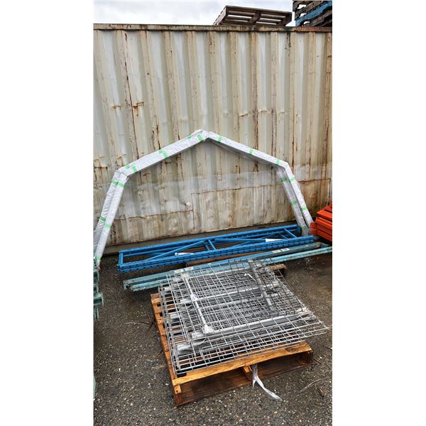 PALLET OF (2) 8'H PALLET RACKING UPRIGHTS, (2) 8'W PALLET RACKING SIDE RAILS, (2) ALUMINUM ARCHWAYS