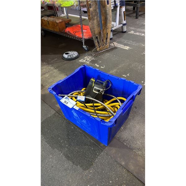 BIN OF ASSORTED ITEMS INCLUDING; SUBMERSIBLE SUMP PUMP, PLUMBING HOSE & COMPRESSED AIR HOSE