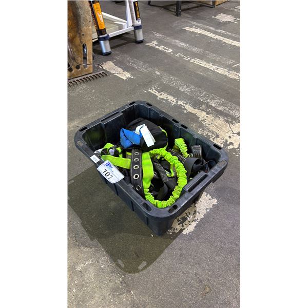 BIN OF ASSORTED SAFETY EQUIPMENT INCLUDING; FALL ARREST HARNESS, FALL ARREST SAFETY ROPE & MORE