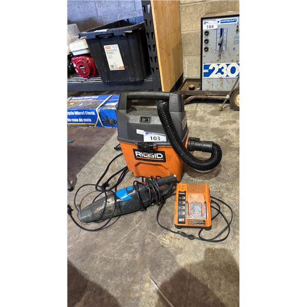 RIDGID WET/DRY VACUUM WITH HOSE, BISSELL HANDHELD VACUUM & RIDGID RAPID MAX BATTERY CHARGER