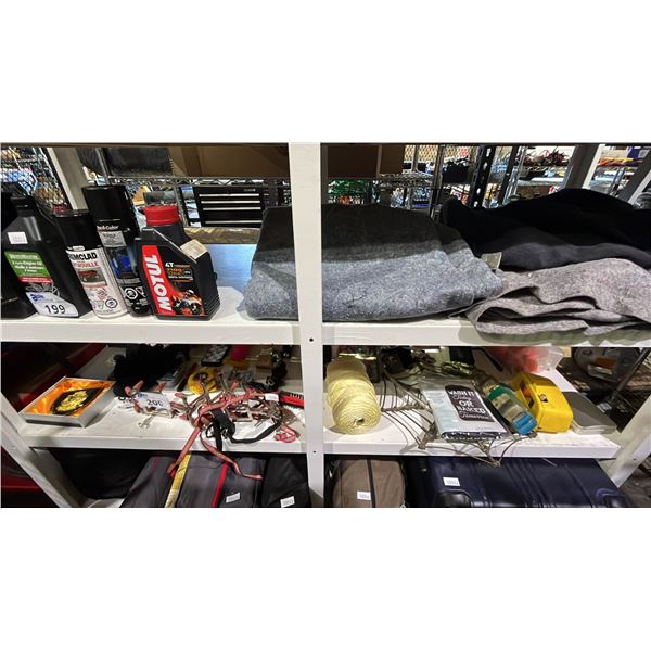 SHELF OF ASSORTED ITEMS: CRAMPONS, ROPE, LAUNDRY BAG, INK PAD, FLASHLIGHT, MEASURING TAPE & MORE