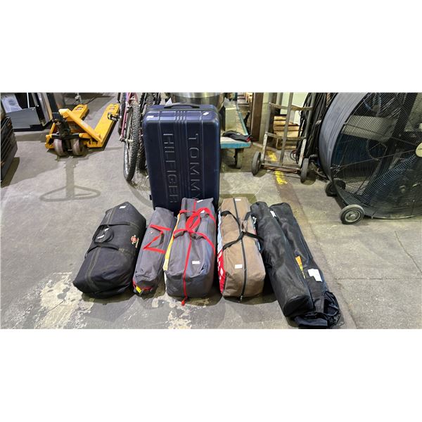 SHELF OF FOLDING CHAIRS, TENTS & A TOMMY HILFIGER 4-WHEEL HARDSIDE SUITCASE