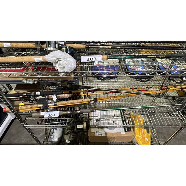 SHELF OF ASSORTED FISHING REELS (SOME WITH REELS): SILSTAR, GARCIA, SHIMANO & MORE