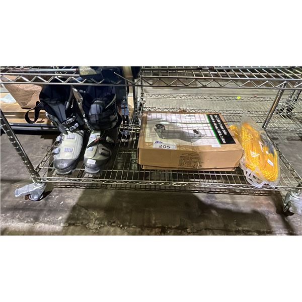 2 PC 3000 LB VEHICLE DOLLIES, TOW ROPE & PAIR OF NORDICA SKI BOOTS