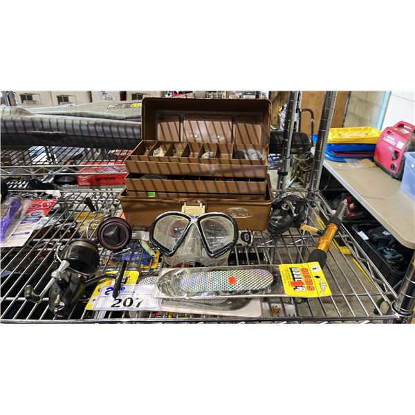 SWIM GOGGLES, TACKLE BOX & CONTENTS, FISHING REELS & GIBBS DODGERS