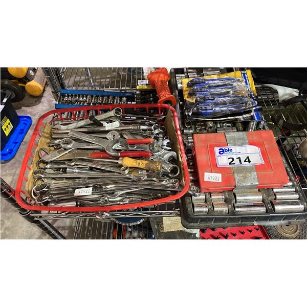 TOTE OF ASSORTED WRENCHES, UTILITY KNIFE SET, SOCKET SETS & MORE
