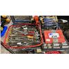 Image 1 : TOTE OF ASSORTED WRENCHES, UTILITY KNIFE SET, SOCKET SETS & MORE