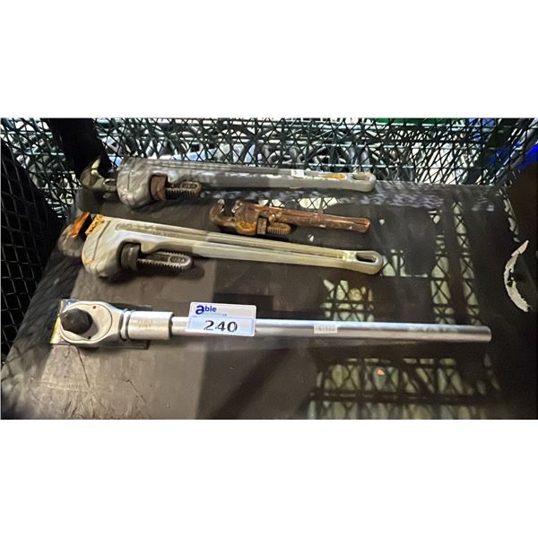 POWER FIST 1" DRIVE LONG HANDLED RATCHET & (3) ASSORTED HEAVY DUTY PIPE WRENCHES