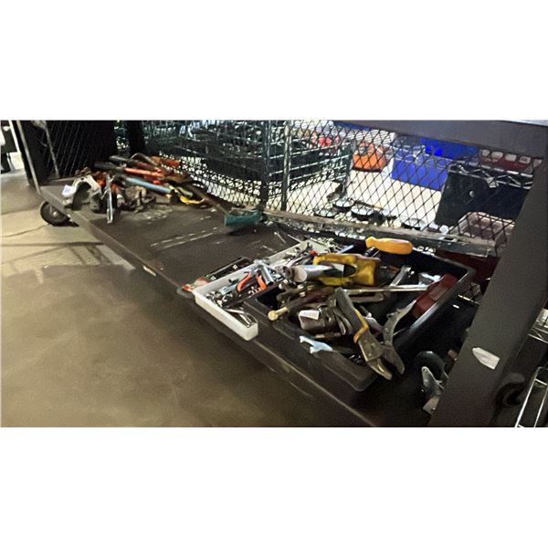 SHELF OF ASSORTED BOLT CUTTERS, WRENCHES, BUBBLE LEVEL & MORE