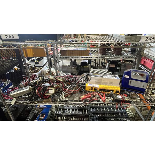 SHELF OF CHARGERS FOR LEAD ACID BATTERIES, POWER BAR, ALPENA LED BAR IN BOX, AIR COMPRESSOR & MORE